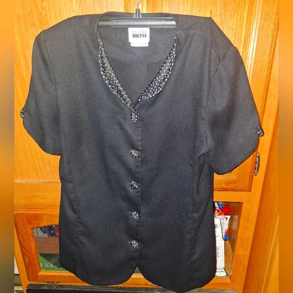 Black Leslue Fay Short Sleeve Blouse with Polka Dot Trim In A Size 12. EUC - Picture 1 of 11